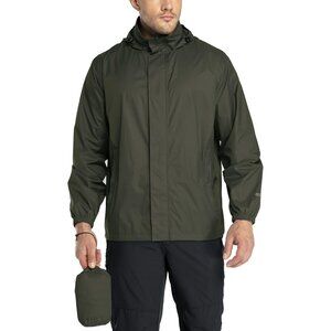Men's Green Nylon Rain Shell Hood Full Zip Packable Windbreaker Jacket